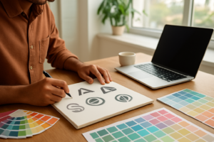 Designer working on logo sketches in a bright office workspace