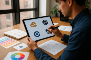 Graphic designer creating logo concepts on a tablet surrounded by sketches and color swatches