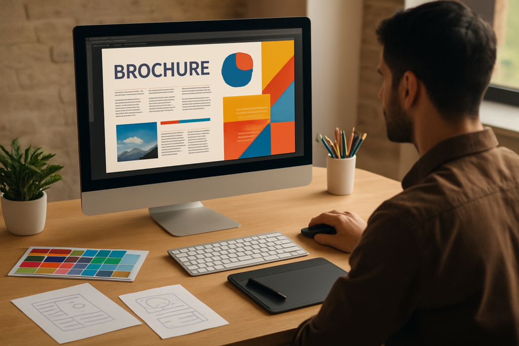 Graphic designer creating a professional brochure layout on a computer in an office setting